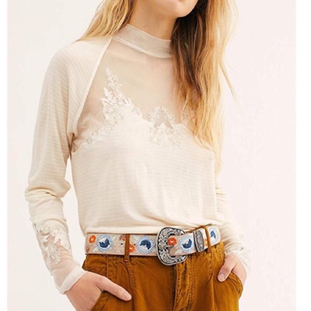 Free People Cream Lace Detail Top